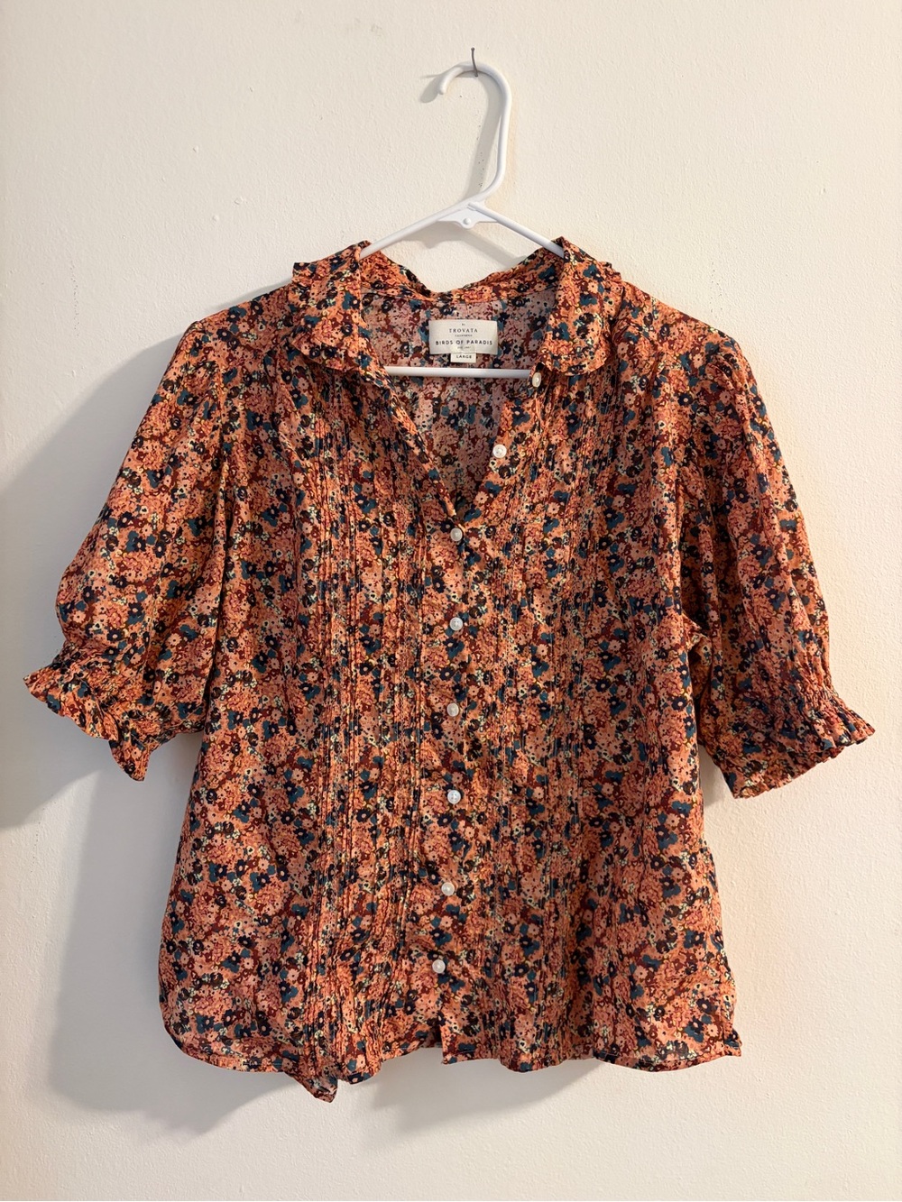 Trovata Orange and Navy Ditsy Floral Button-Front Blouse